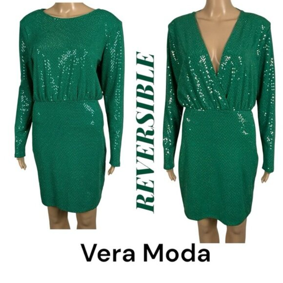 VERA MODA Stretchy Pull On Green Sparkle Reversible Dress with Shoulder Pads - Picture 1 of 7
